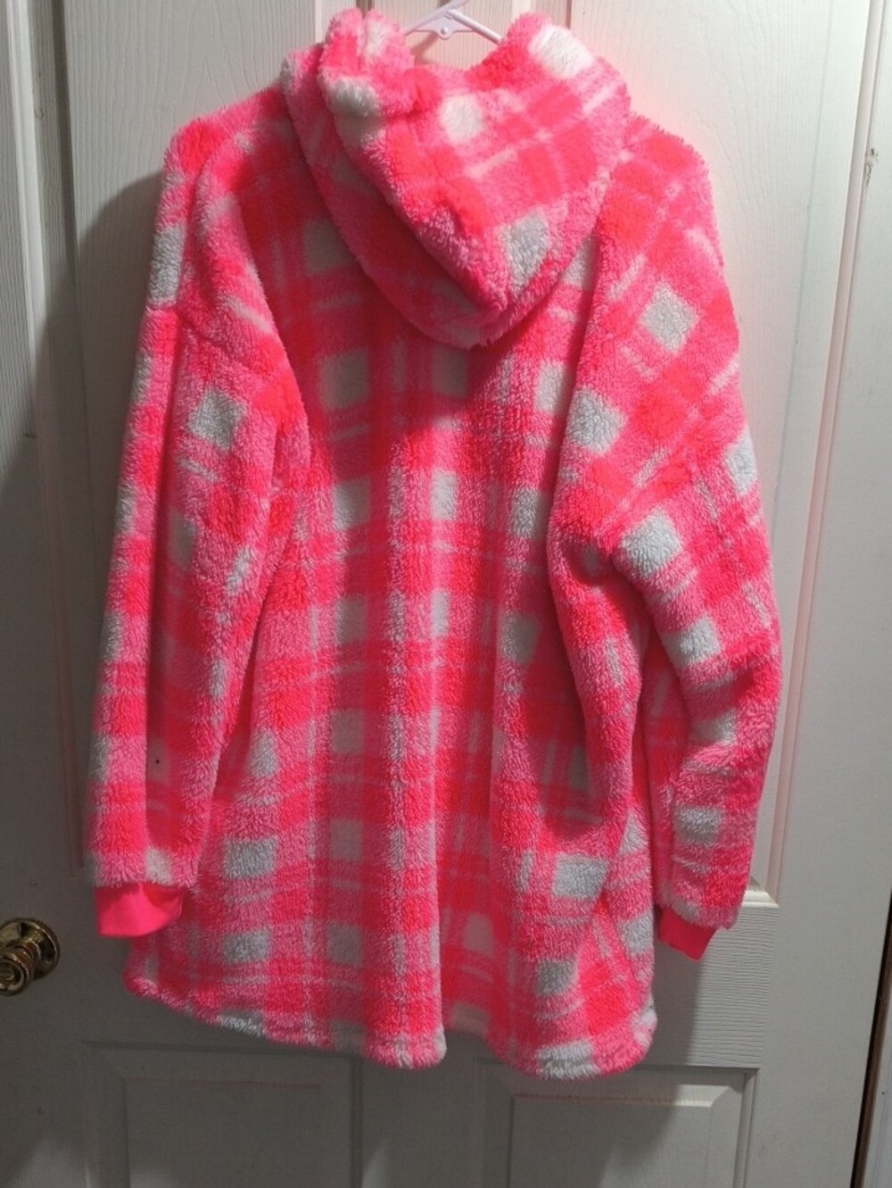 Cat & Jack Plush Hooded Oversized Sweater - Neon Pink & Light Gray Plaid - Picture 3 of 3